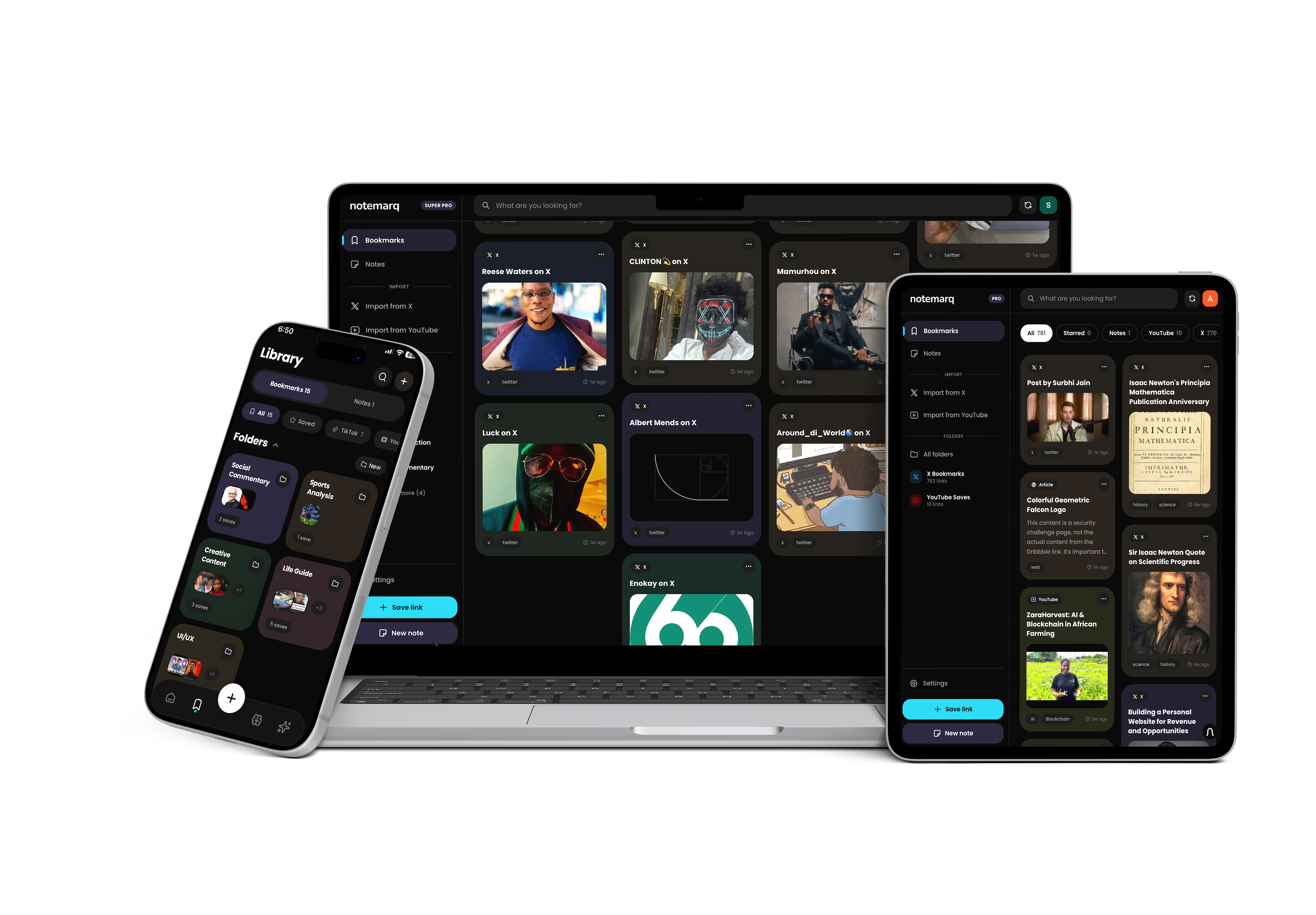 Notemarq on phone, laptop, and tablet — synced across all devices
