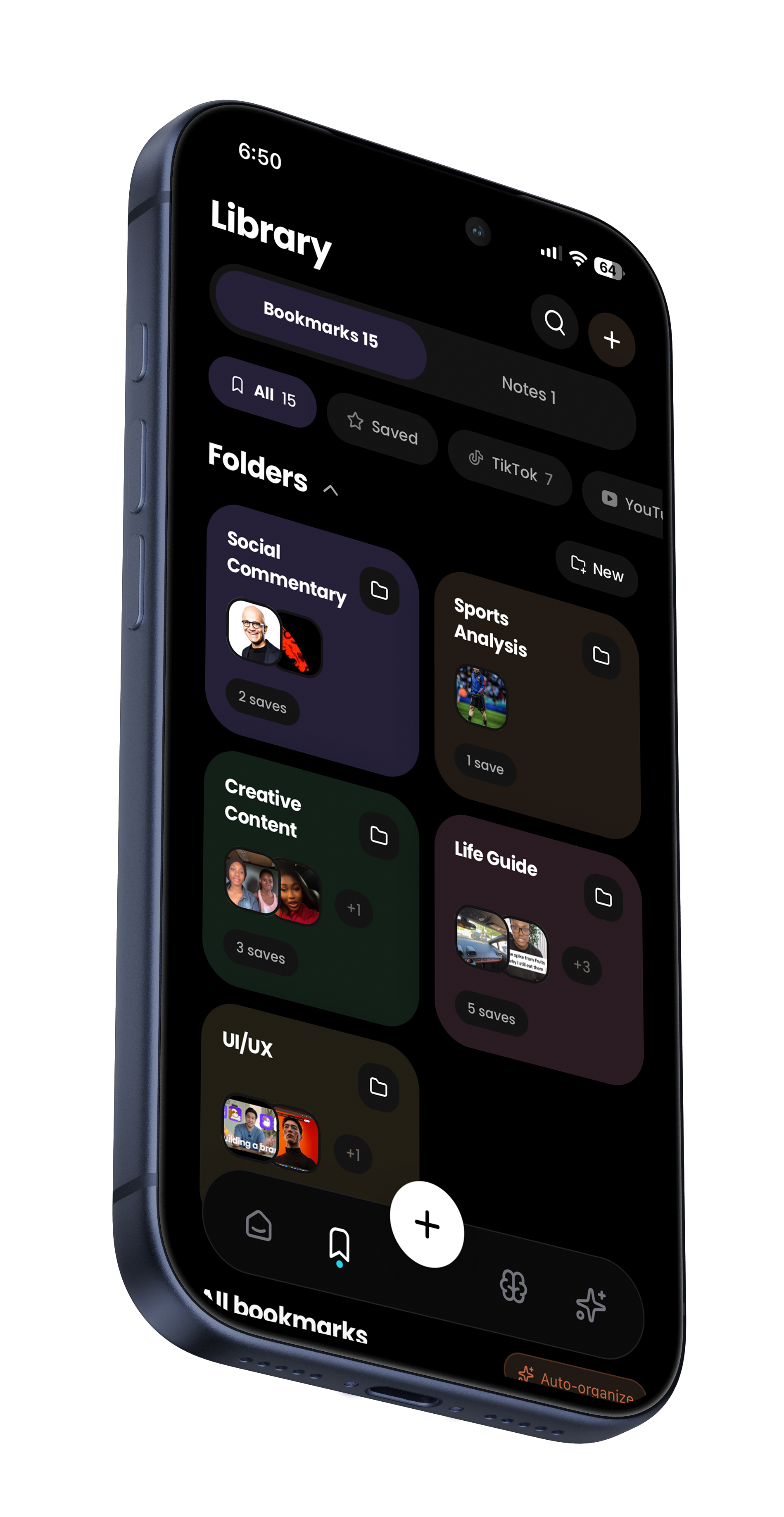 Notemarq library with AI-organized folders on iPhone